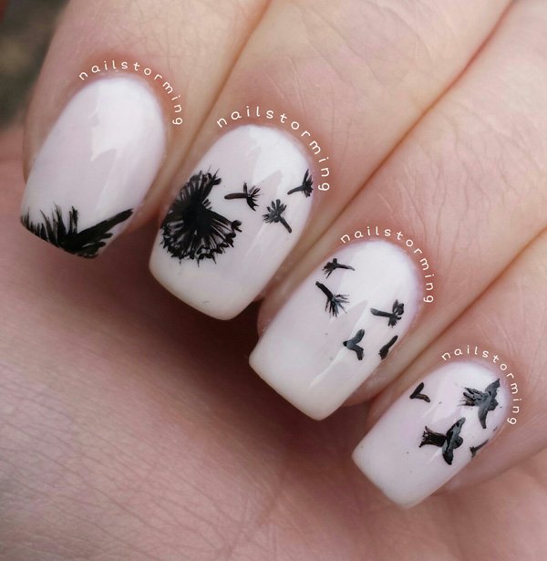 Black and White Dandilion Nail Design