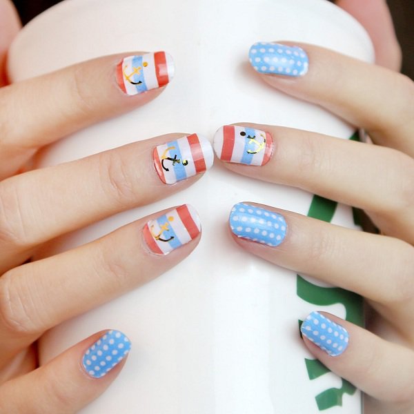 Blue Anchore Polka Dot Nail Design