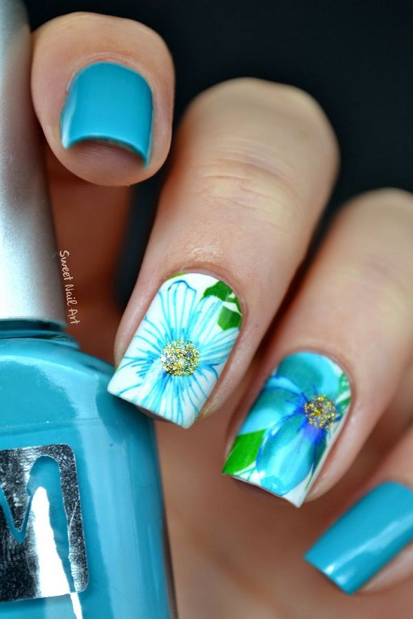 Blue Floral Nail Design