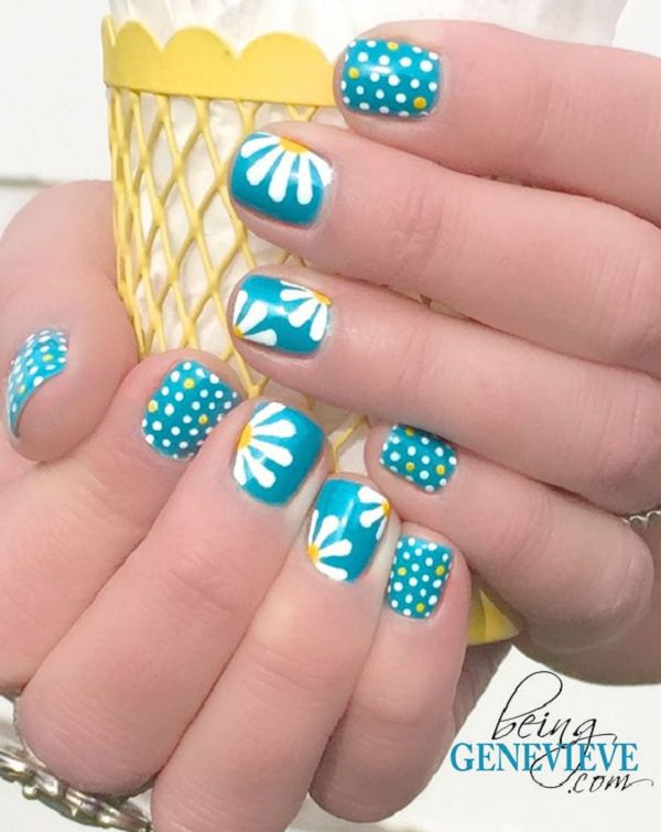 Blue Flower Polka Dot Nail Design