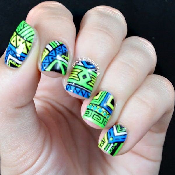 Blue Green Tribal Nail Design