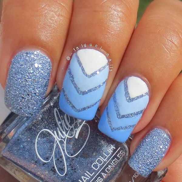 Blue V-Shaped Glitter Nail Design