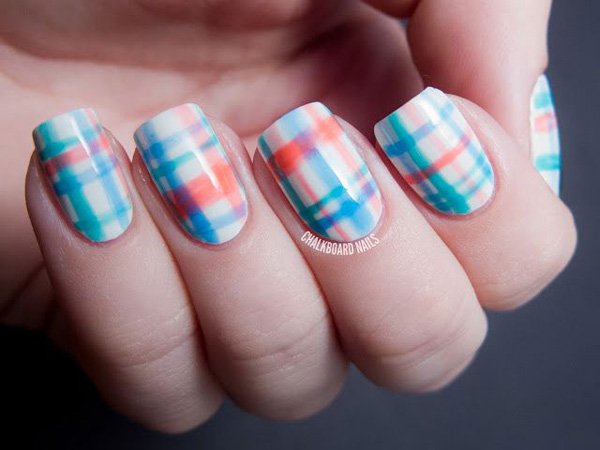 Blue and Orange Plaid Nail Design