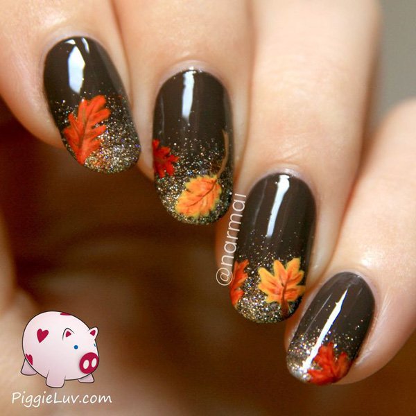 Bronze Fall Leaves Nail Design