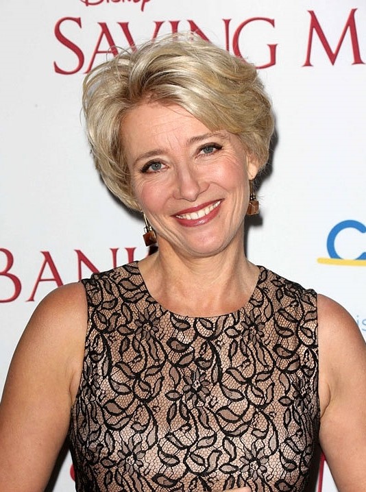 Emma Thompson layered short blonde hair for women over 50