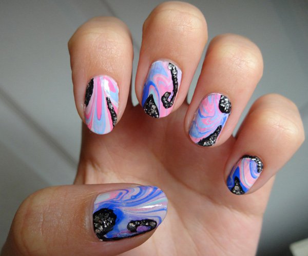 Glitter Water Marble Nail Design