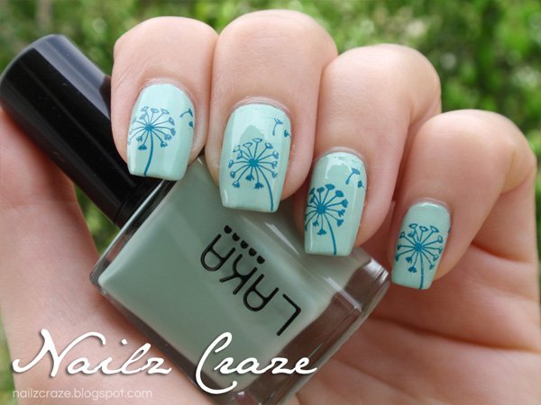 Green Blue Dandilion Nail Design