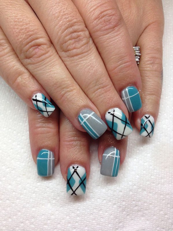 Green Blue Plaid Nail Design