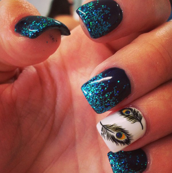 Green Glitter Feather Nail Design