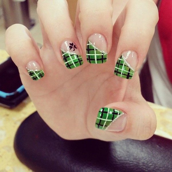 Green Glitter Plaid Nail Design