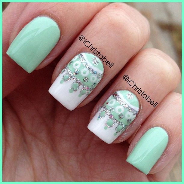 Green and White Nails