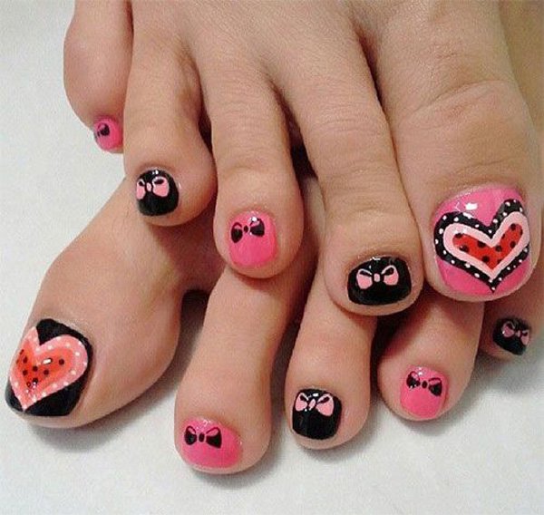 Heart and Bow Toenail Design