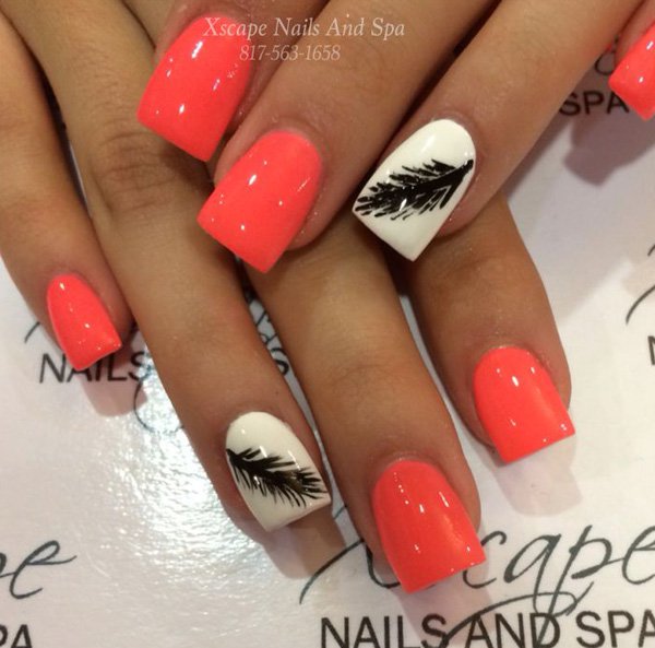 Orange Feather Nail Design