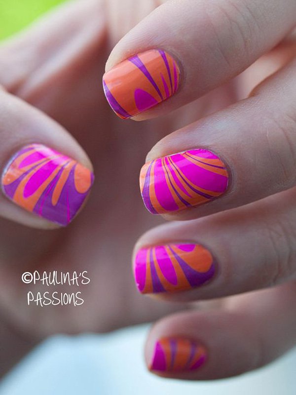 Orange Water Marble Nail Design