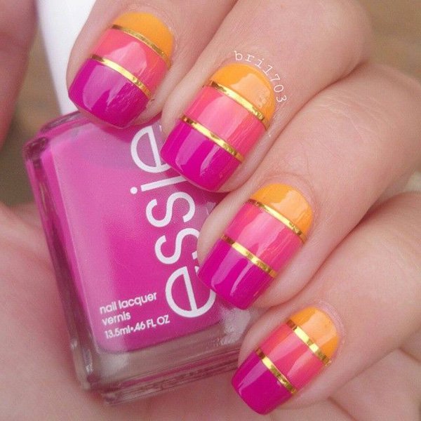 Orange and Pink Metallic Nail Design