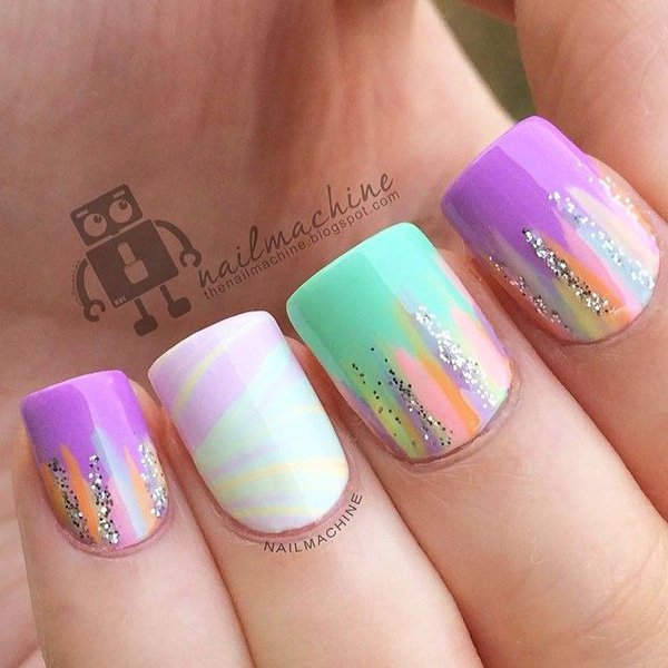 Pastel Colored Glitter Nail Design