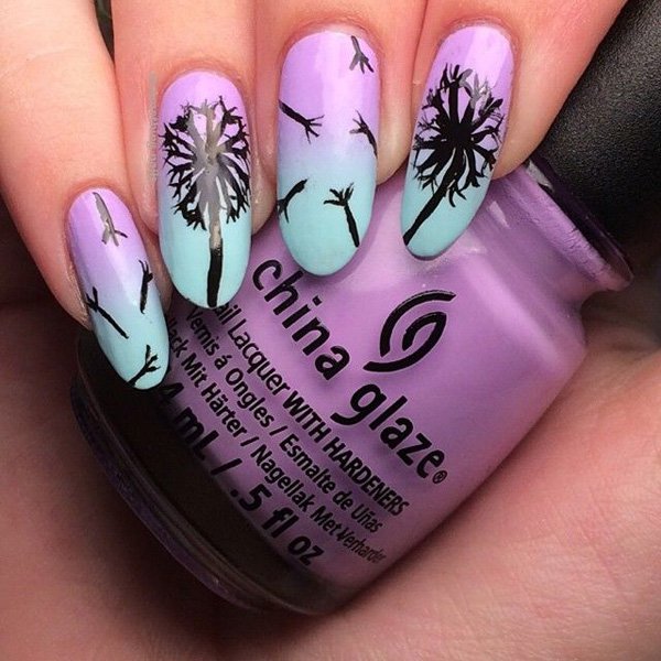 Purple to Green Ombre Dandilion Nail Design