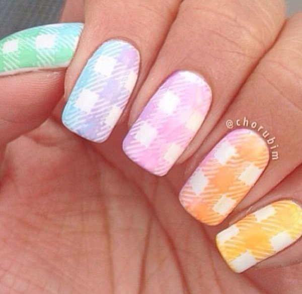 Rainbow Gingham Nail Design