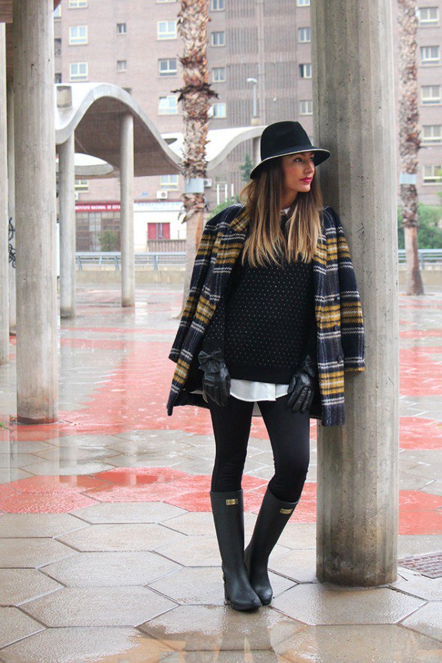 Rainy Boots with Checkered Blazer