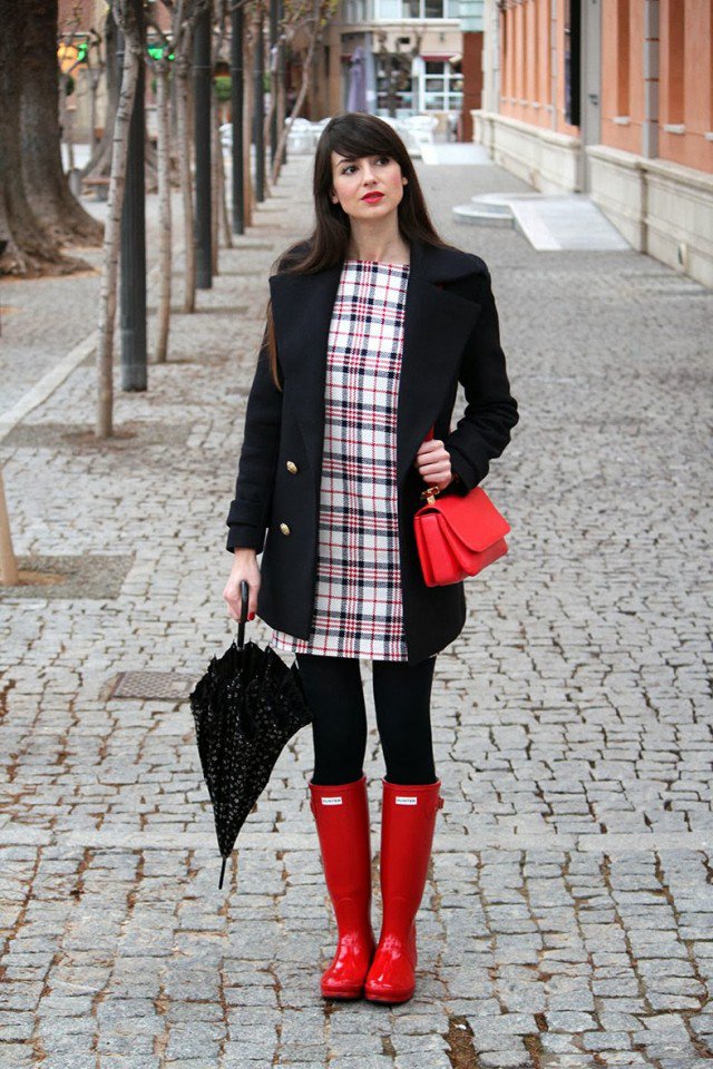 Red Rainy Boots with Tartan Dress