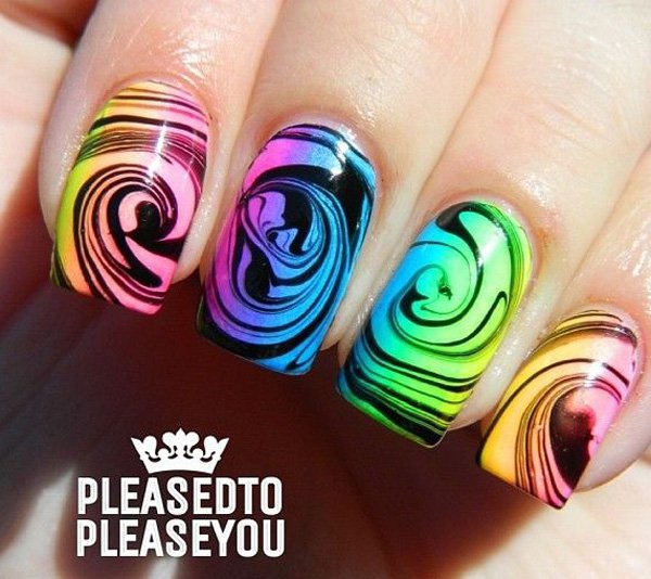 Beautiful Water Marble Flower Nail Design