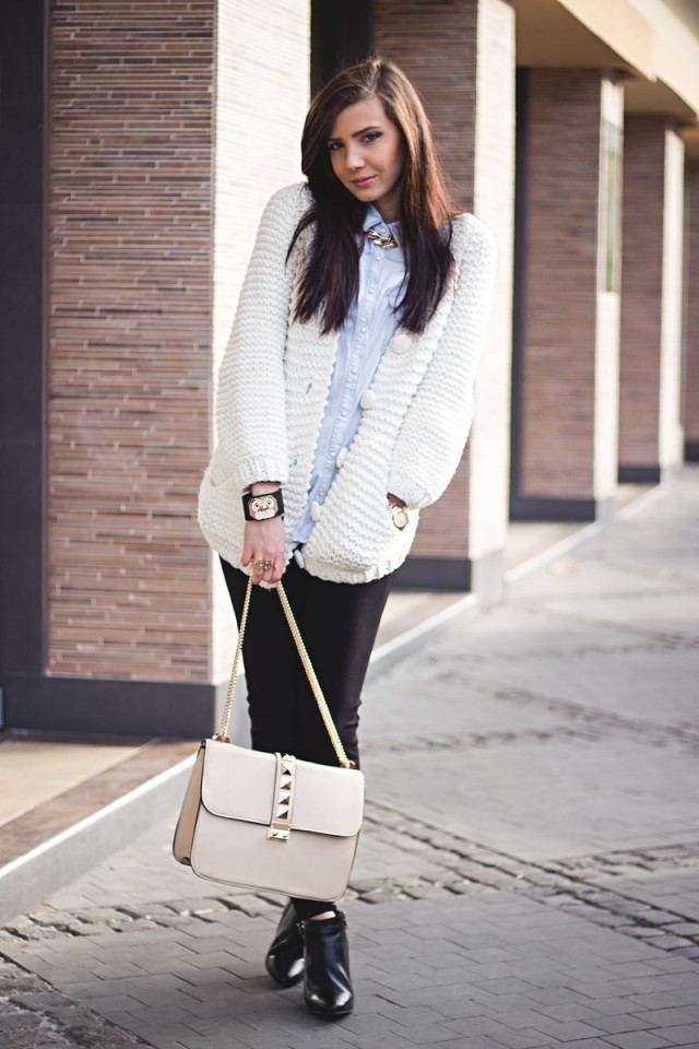 White Cardigan and Black Leather Pants
