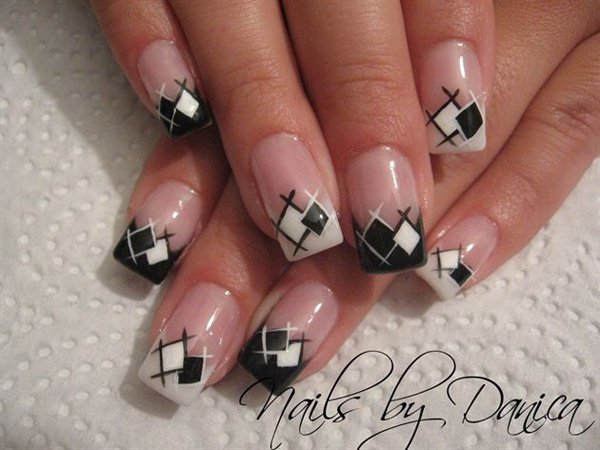 White and Black Plaid Nail Design