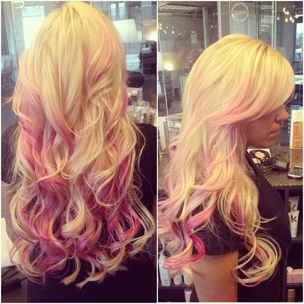 Long Wavy Blond and Pink Hairstyle