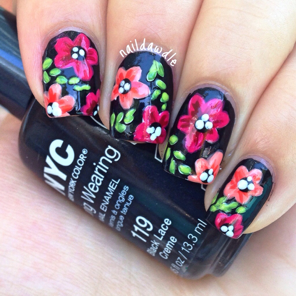 Black Nails with Flowers