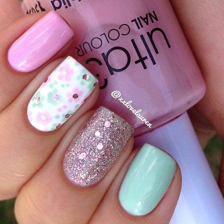 Flower Glitter and Pastel Nails