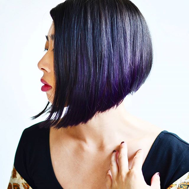 Trendy Purple highlighted Angled Bob Hairstyles