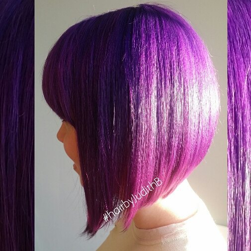 purple a-line bob hairstyle with bangs - side view