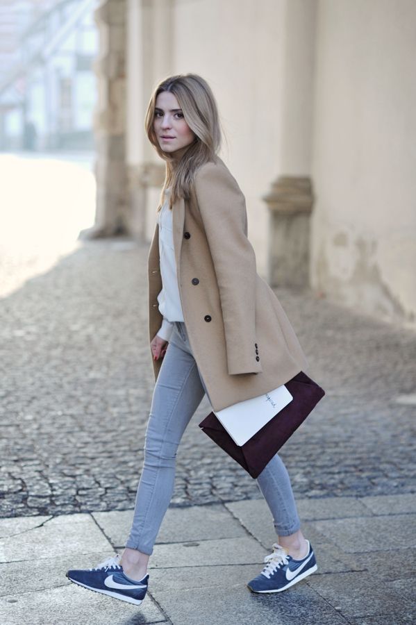 Camel Coat and Sneakers