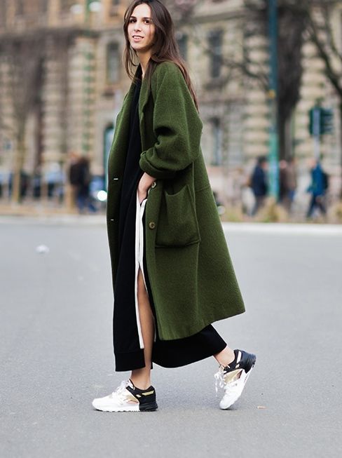 Green Coat and Creative Sneakers