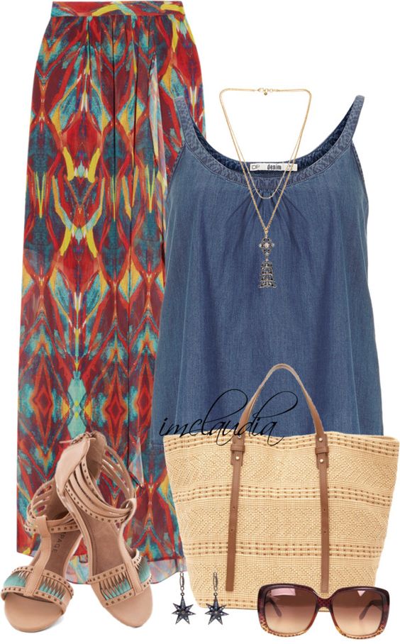 Printed Skirt and Denim Top