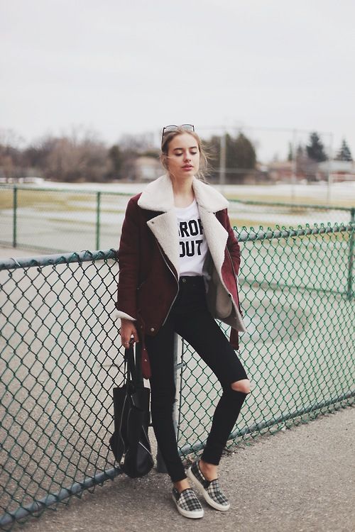 Shearling Coat and Tartan Sneakers