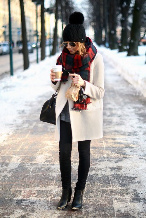 White Coat and Tartan Scarf