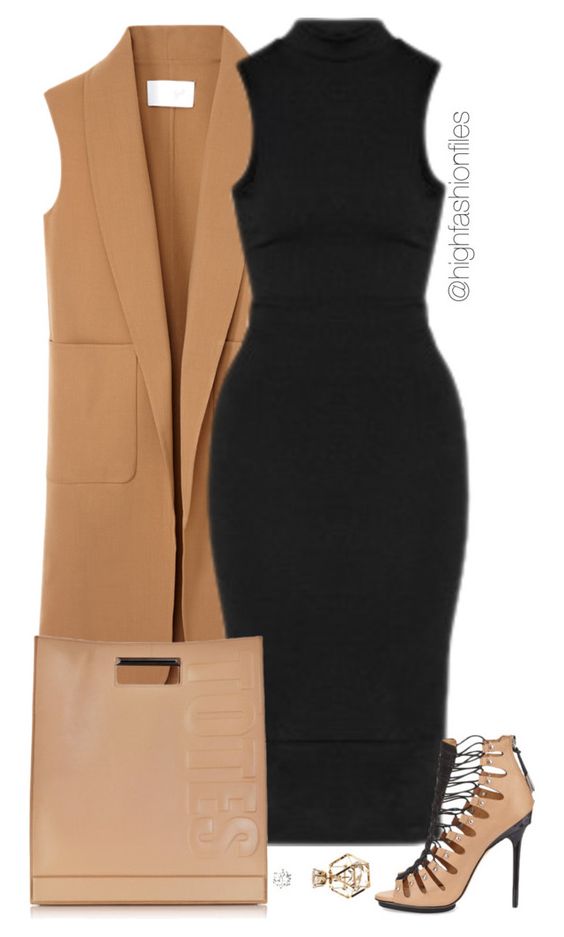 Long Beige Vest and Black Dress