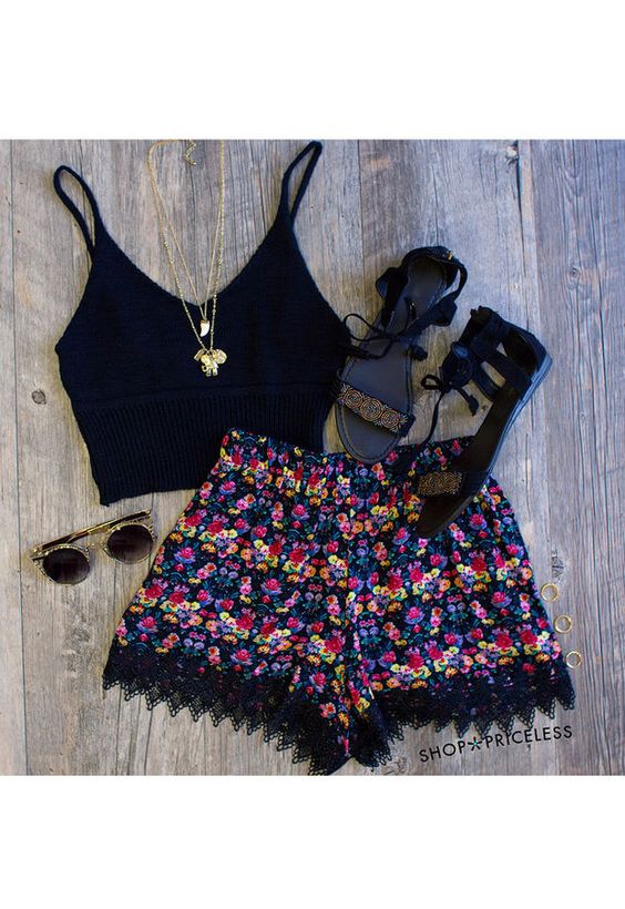 Black Top and Pom Pom Shorts