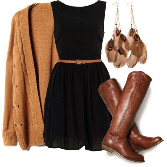 Brown Cardigan and Black Dress