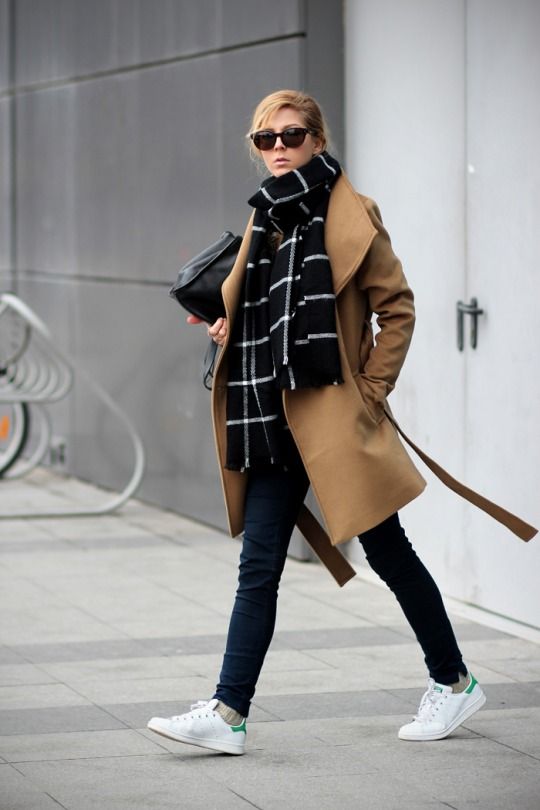 Camel Coat and White Shoes