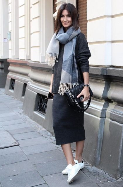 Pencil Midi Skirt and White Shoes