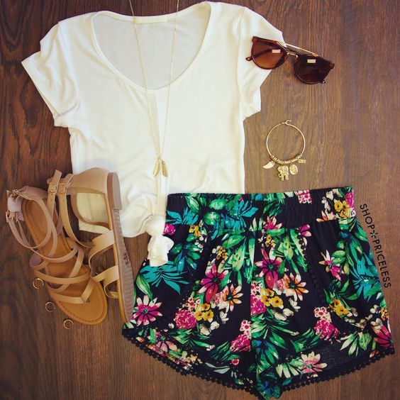 White Top and Floral Shorts