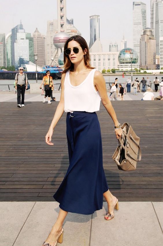 White Top and Navy Skirt