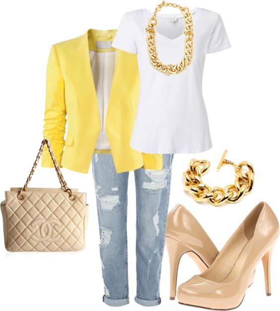 Yellow Blazer and Nude Pumps