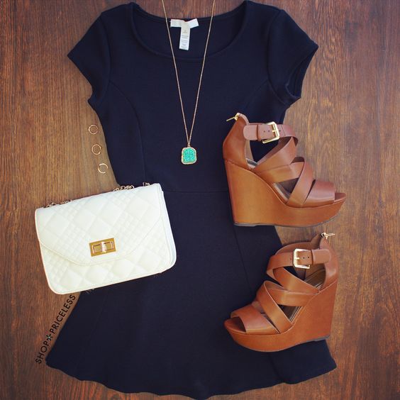 Black Dress and Brown Wedges