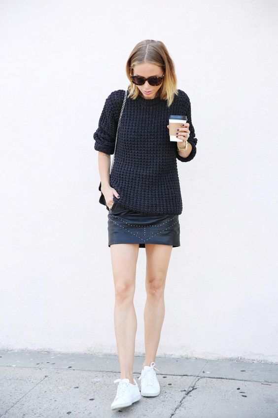 Black Sweater, Mini Skirt and White Sneakers