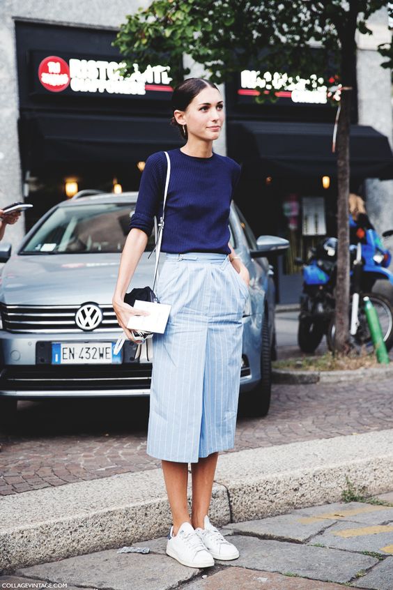 Blue Striped Skirt and White Sneakers