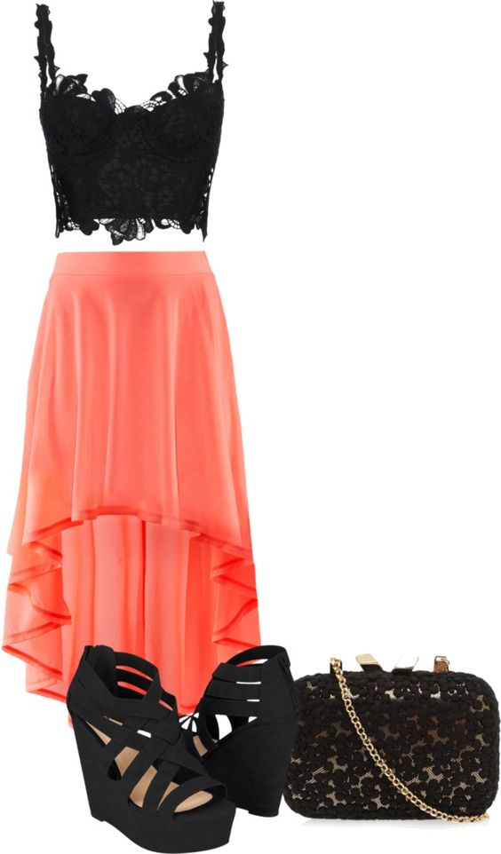 Bright Skirt and Black Wedges