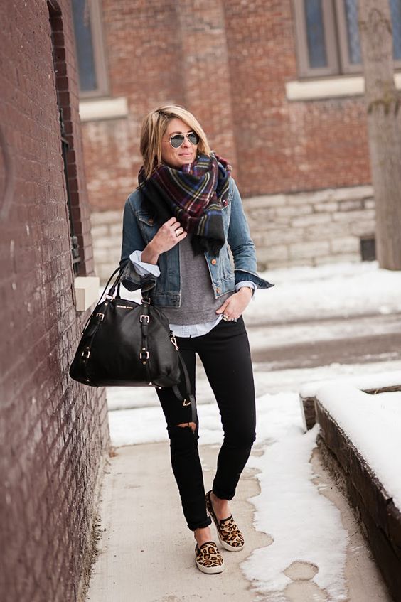 Denim Jacket and Plaid Scarf